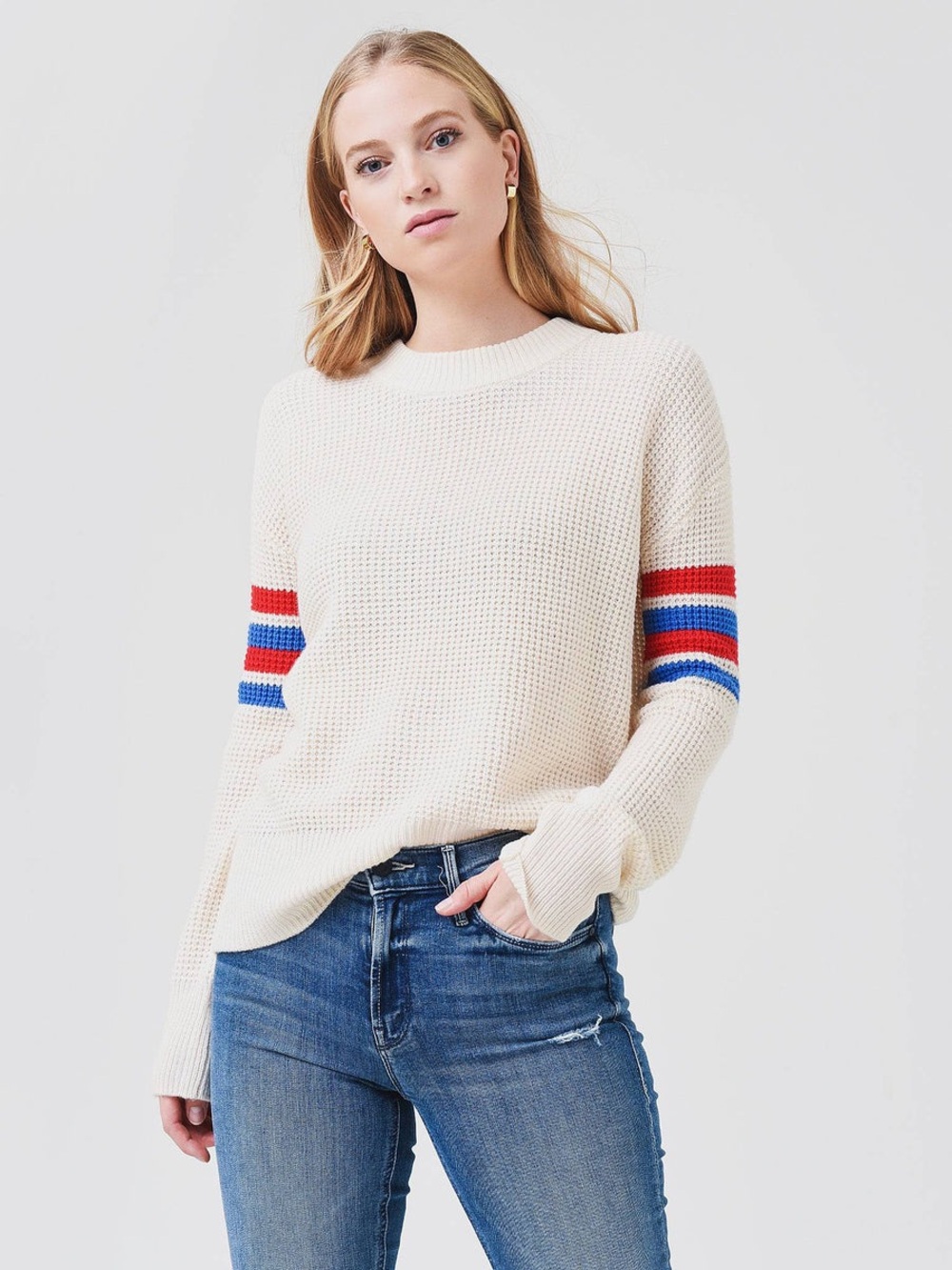 Faherty Cream Waffle Crewneck Sweater with Red & Blue Sleeve Stripes